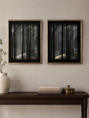 Art work tree shadow  gold frame (2) set glass EUC